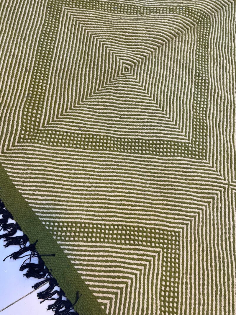 Green Kilim Rug with Cream White Geometric Stripes – Handmade Moroccan Wool Carpet - Image 3