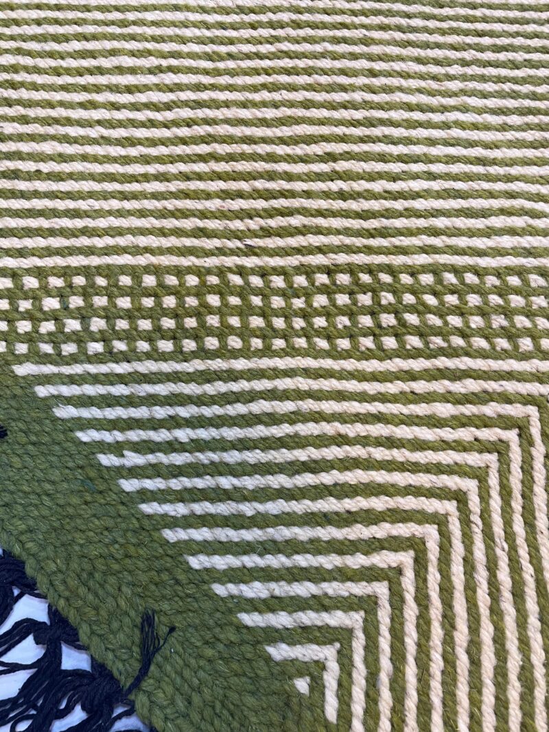 Green Kilim Rug with Cream White Geometric Stripes – Handmade Moroccan Wool Carpet - Image 4