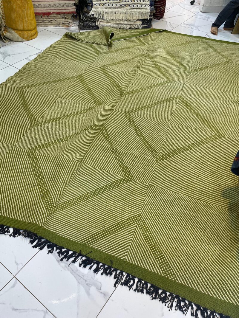 Green Kilim Rug with Cream White Geometric Stripes – Handmade Moroccan Wool Carpet - Image 2