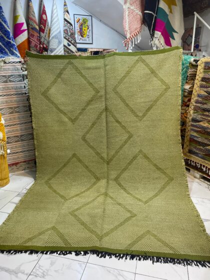 Green Kilim Rug with Cream White Geometric Stripes – Handmade Moroccan Wool Carpet